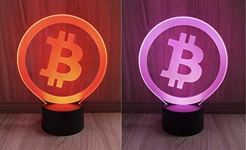 Twee Bitcoin-lampen in rood en paars licht