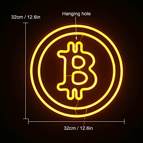 Ronde neonlamp met Bitcoin-symbool en afmetingen