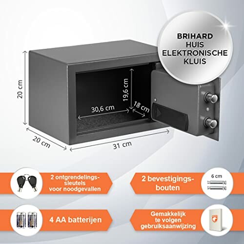 Elektronische kluis met accessoires en afmetingen weergegeven.