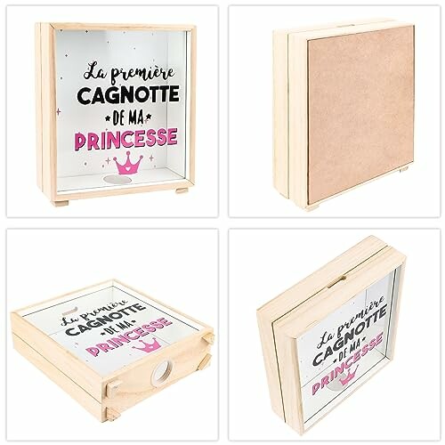 Houten spaarpot met de tekst 'La première cagnotte de ma princesse'.